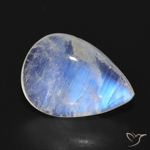 7.54ct Naturale Bianco bluastro Pietra di luna arcobaleno, Forma a pera, Traslucido
