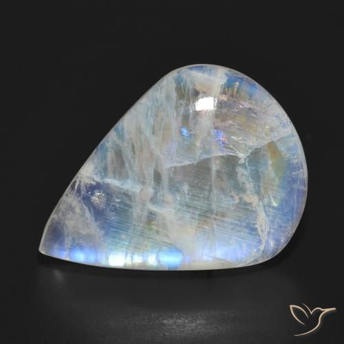 15.14ct Naturale Bianco bluastro Pietra di luna arcobaleno, Forma a pera, Traslucido
