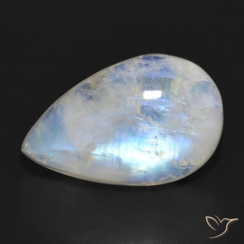11.69ct Naturale Bianco bluastro Pietra di luna arcobaleno, Forma a pera, Traslucido